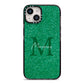 Green Monogram iPhone 14 Black Impact Case on Silver phone