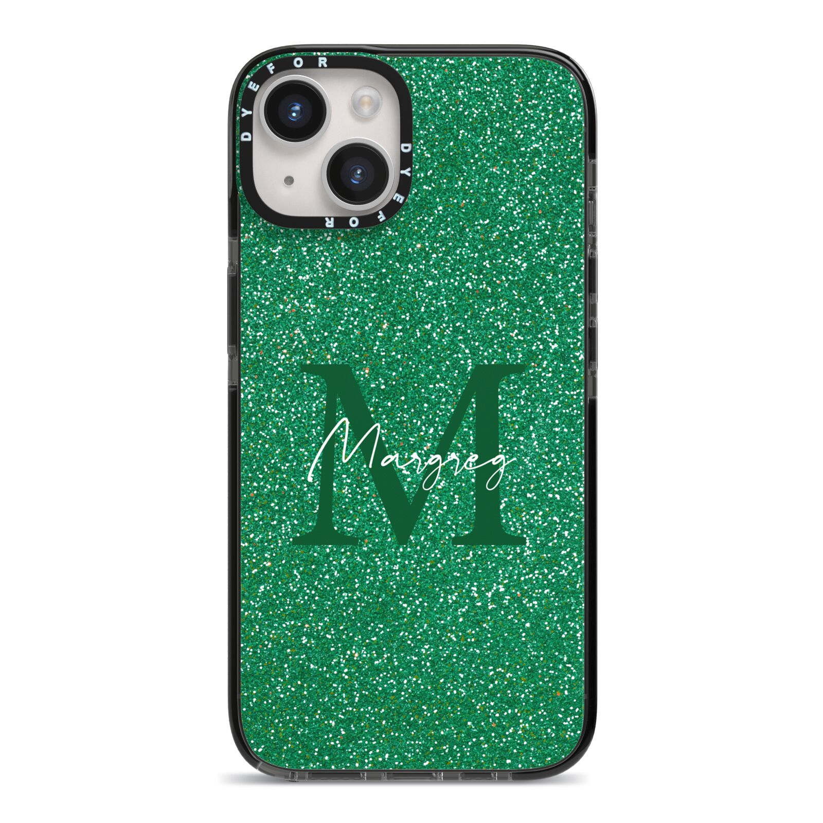 Green Monogram iPhone 14 Black Impact Case on Silver phone