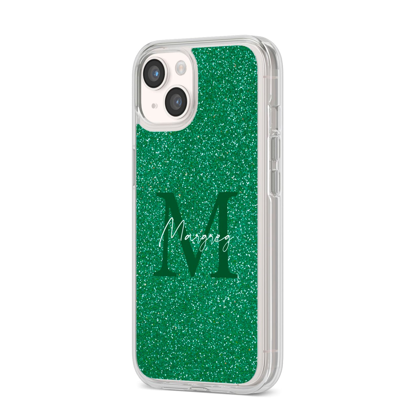 Green Monogram iPhone 14 Clear Tough Case Starlight Angled Image