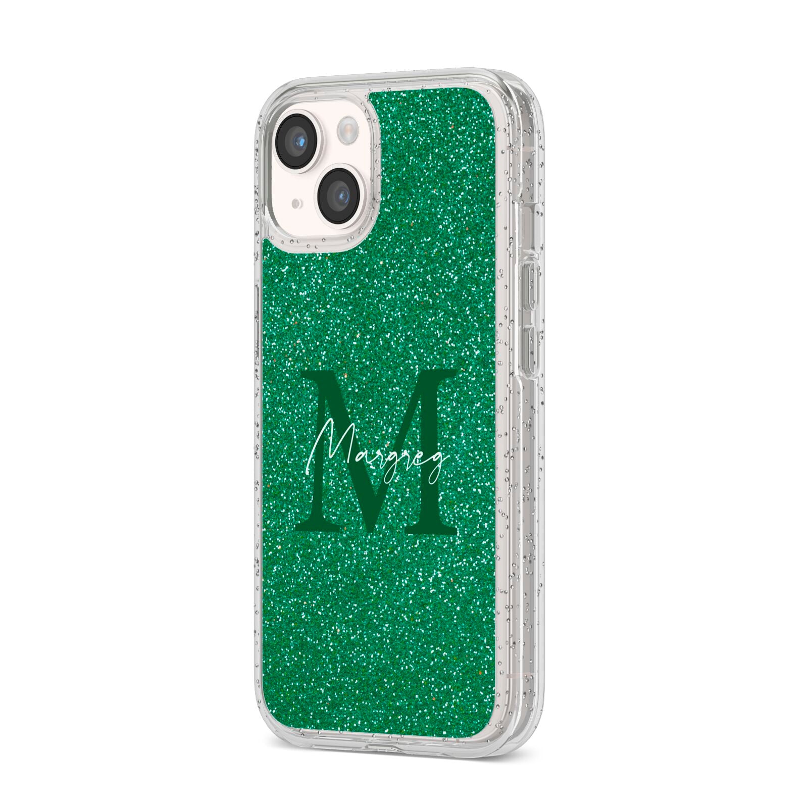 Green Monogram iPhone 14 Glitter Tough Case Starlight Angled Image