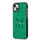 Green Monogram iPhone 14 Plus Black Impact Case Side Angle on Silver phone