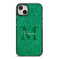 Green Monogram iPhone 14 Plus Black Impact Case on Silver phone
