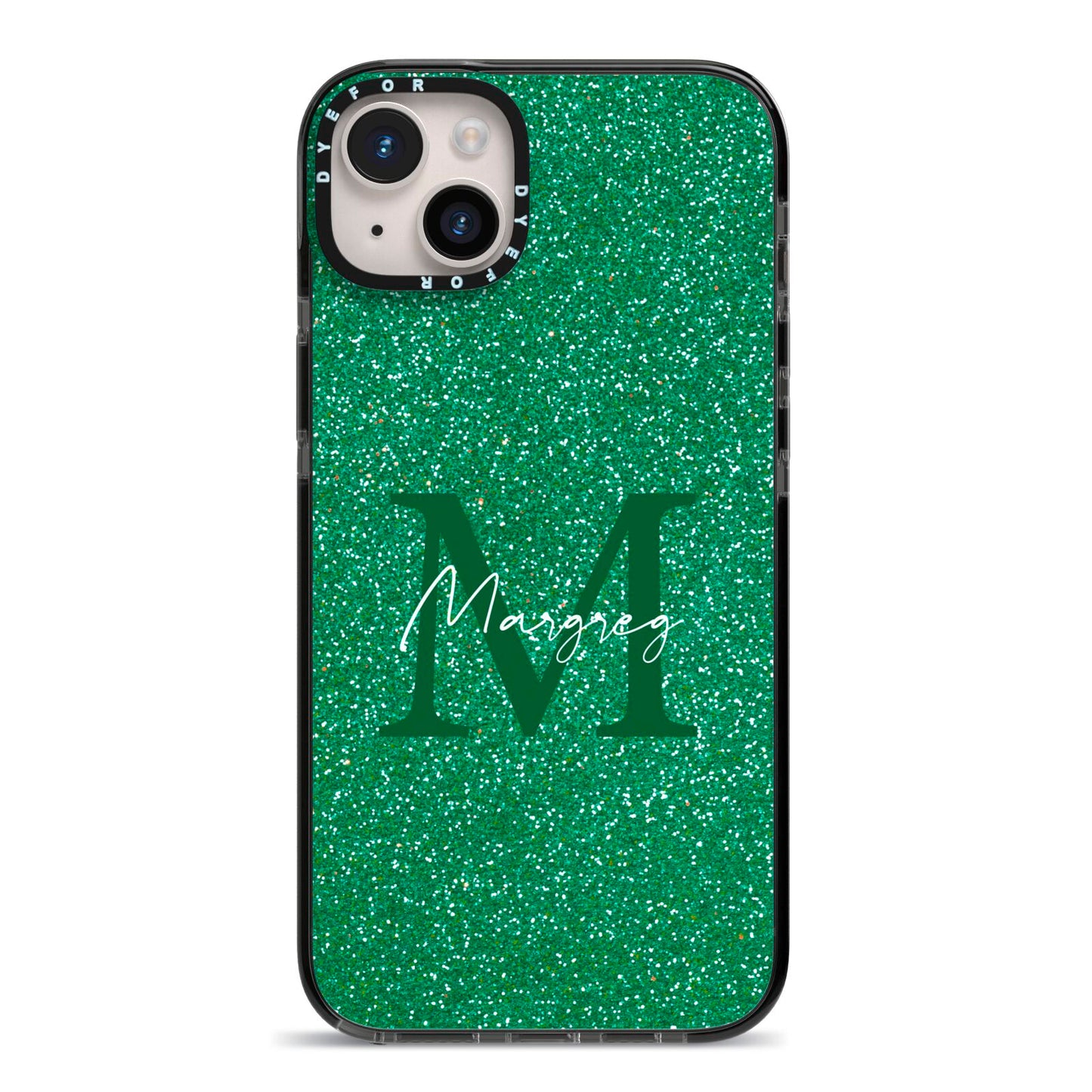 Green Monogram iPhone 14 Plus Black Impact Case on Silver phone