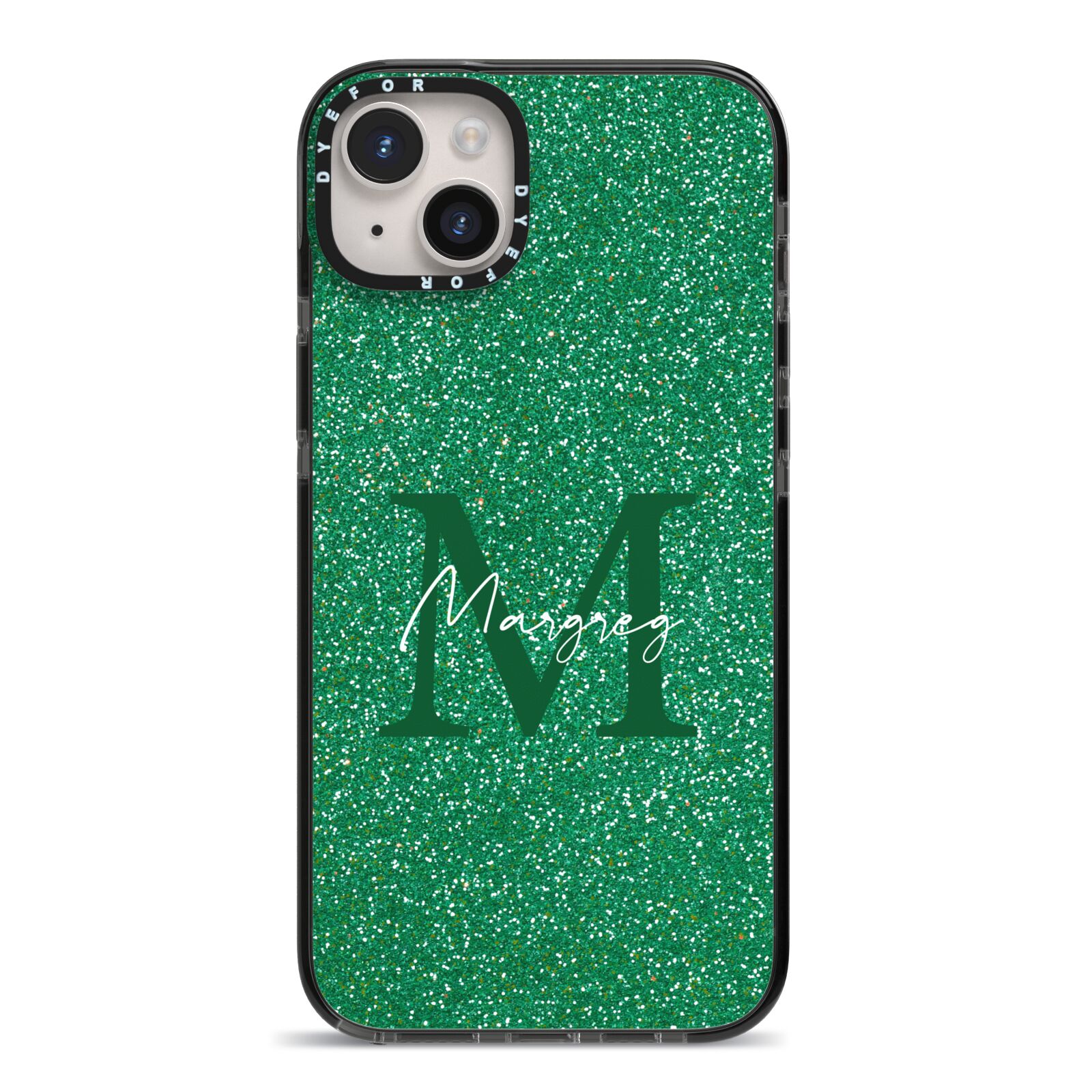Green Monogram iPhone 14 Plus Black Impact Case on Silver phone