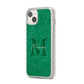Green Monogram iPhone 14 Plus Clear Tough Case Starlight Angled Image