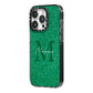 Green Monogram iPhone 14 Pro Black Impact Case Side Angle on Silver phone