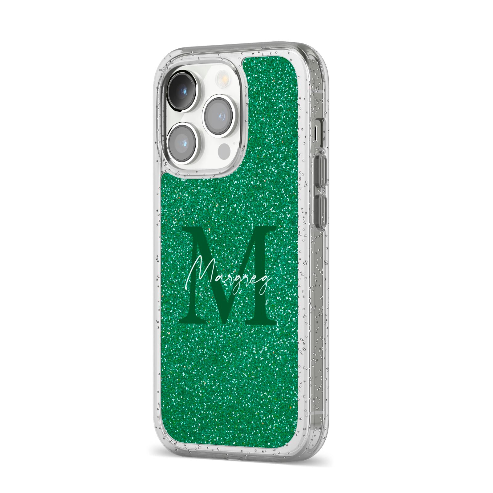 Green Monogram iPhone 14 Pro Glitter Tough Case Silver Angled Image