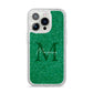Green Monogram iPhone 14 Pro Glitter Tough Case Silver