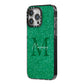 Green Monogram iPhone 14 Pro Max Black Impact Case Side Angle on Silver phone