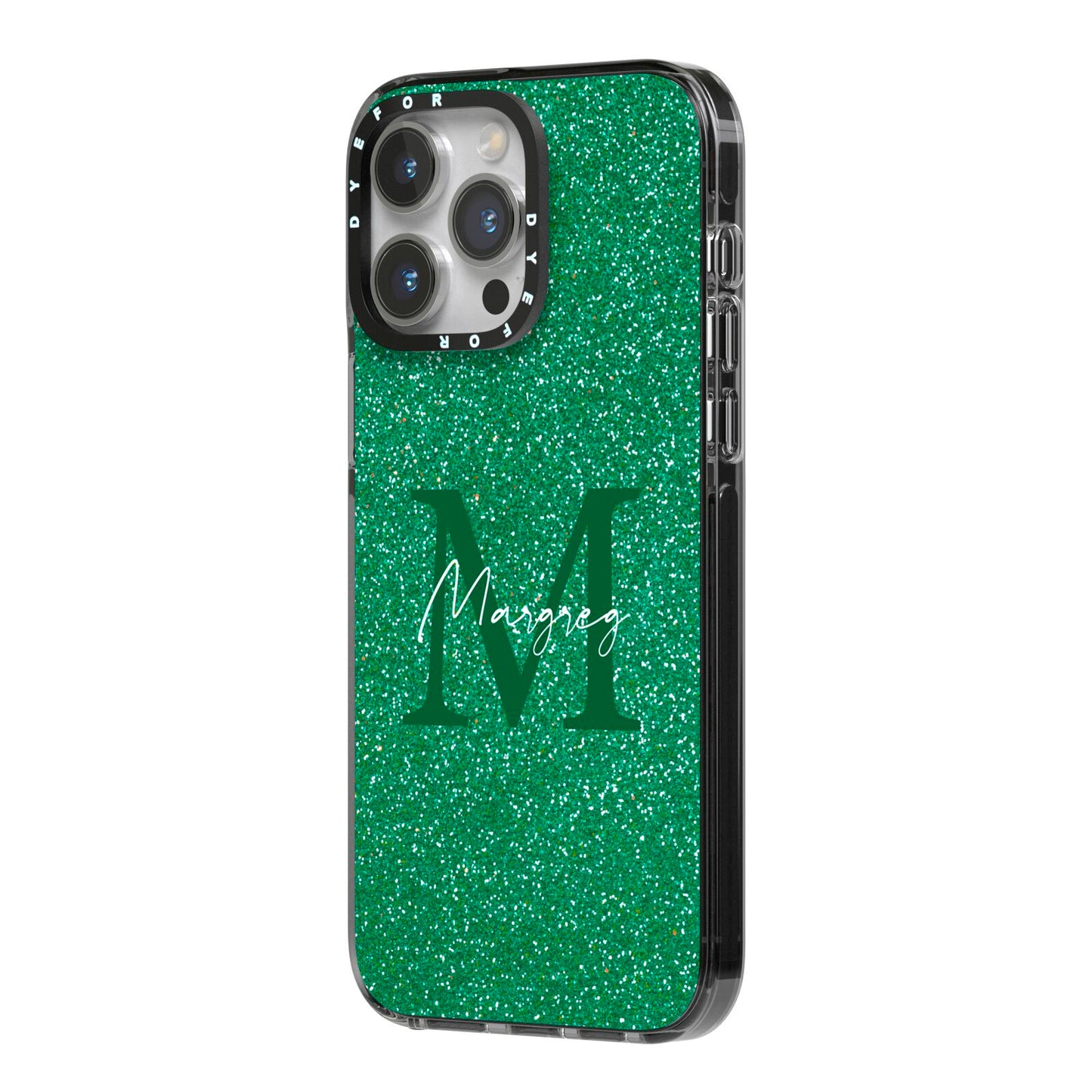 Green Monogram iPhone 14 Pro Max Black Impact Case Side Angle on Silver phone