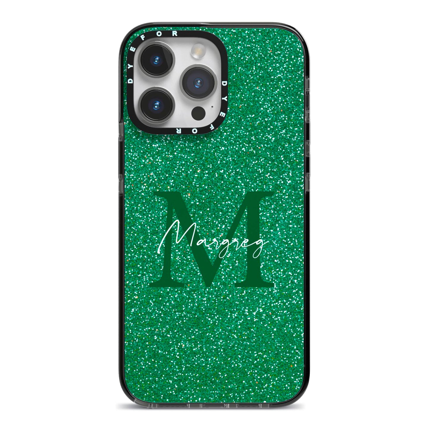 Green Monogram iPhone 14 Pro Max Black Impact Case on Silver phone