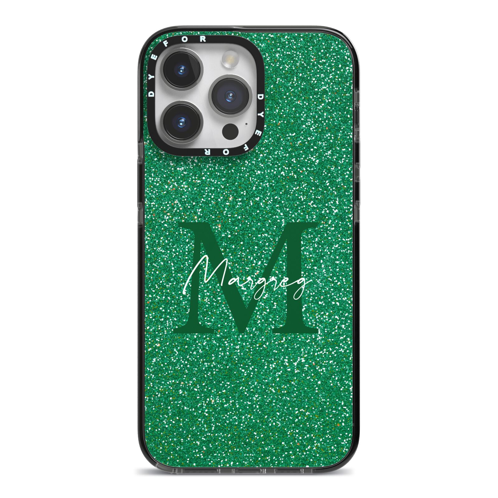 Green Monogram iPhone 14 Pro Max Black Impact Case on Silver phone