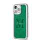 Green Monogram iPhone 14 Pro Max Glitter Tough Case Silver Angled Image