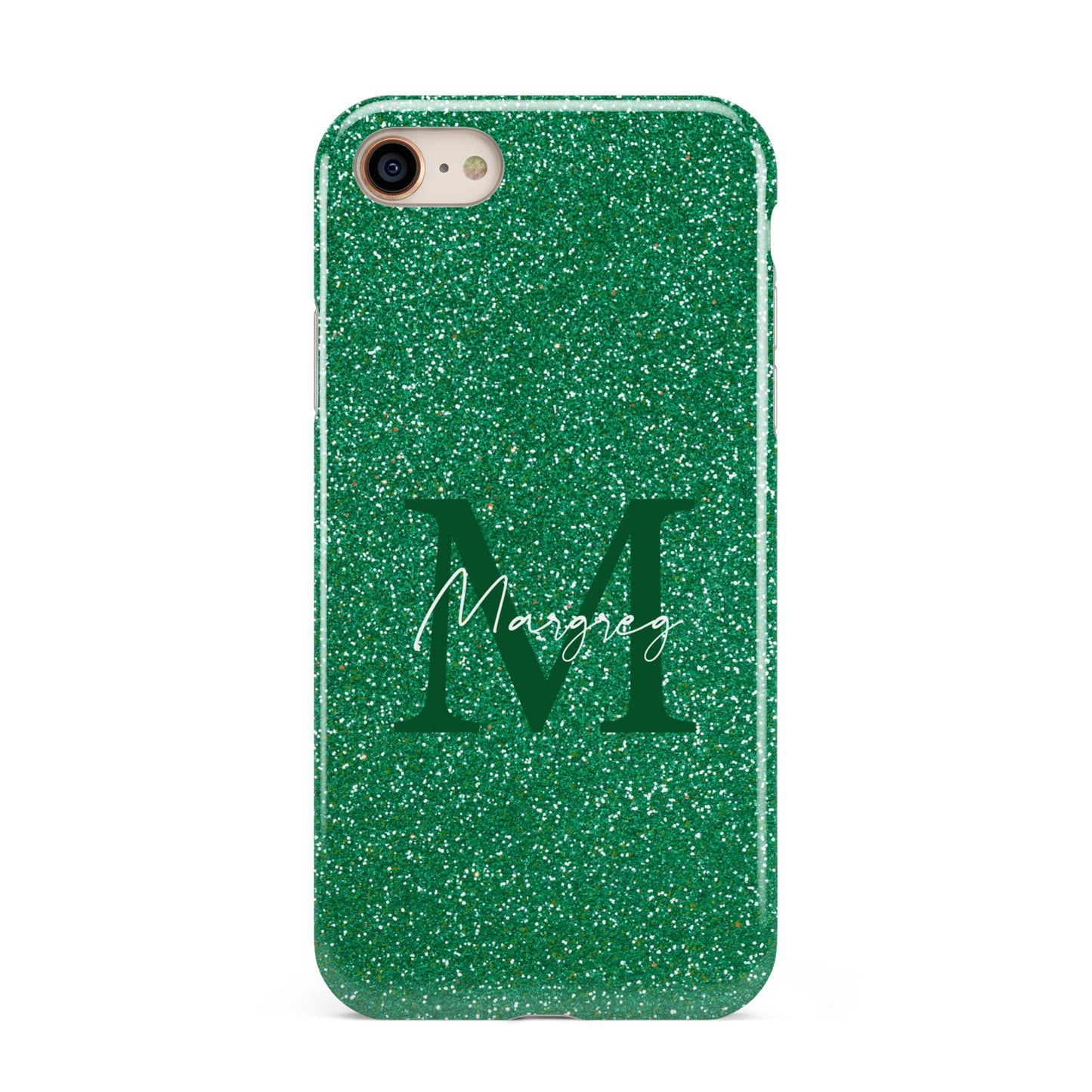 Green Monogram iPhone 8 3D Tough Case on Gold Phone