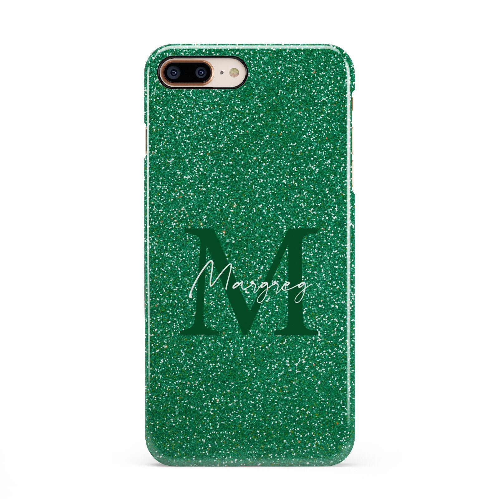 Green Monogram iPhone 8 Plus 3D Snap Case on Gold Phone
