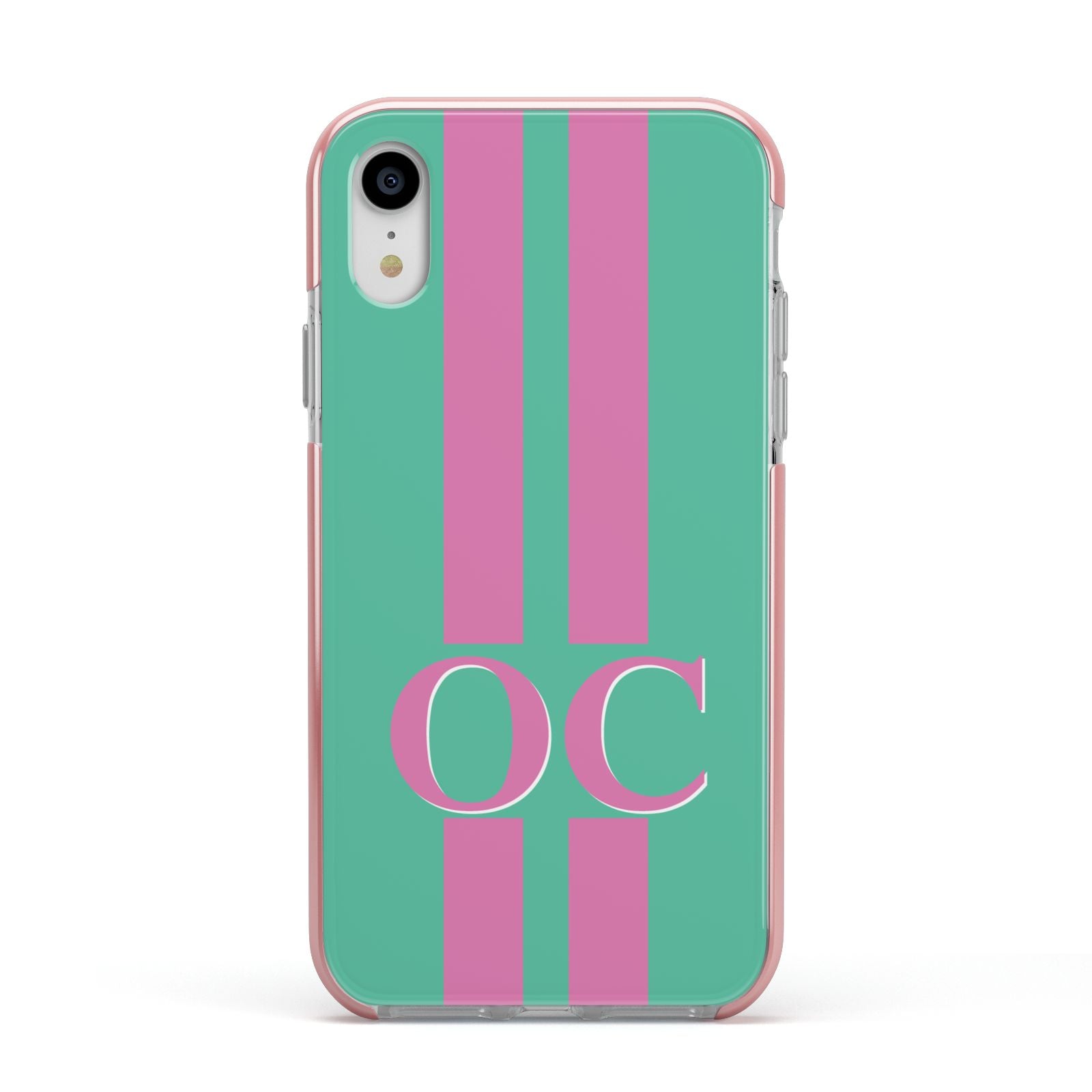 Green Personalised Initials Apple iPhone XR Impact Case Pink Edge on Silver Phone