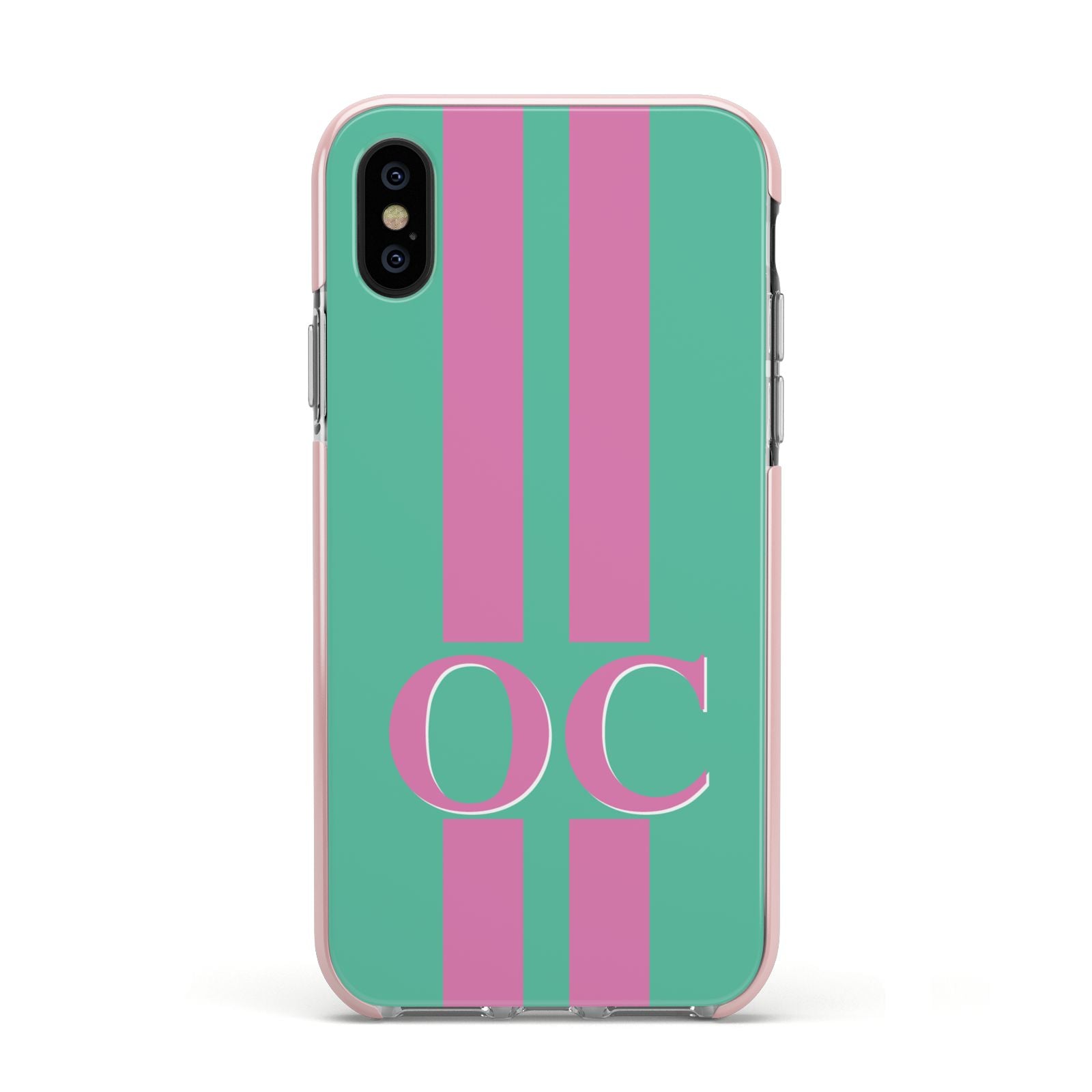 Green Personalised Initials Apple iPhone Xs Impact Case Pink Edge on Black Phone