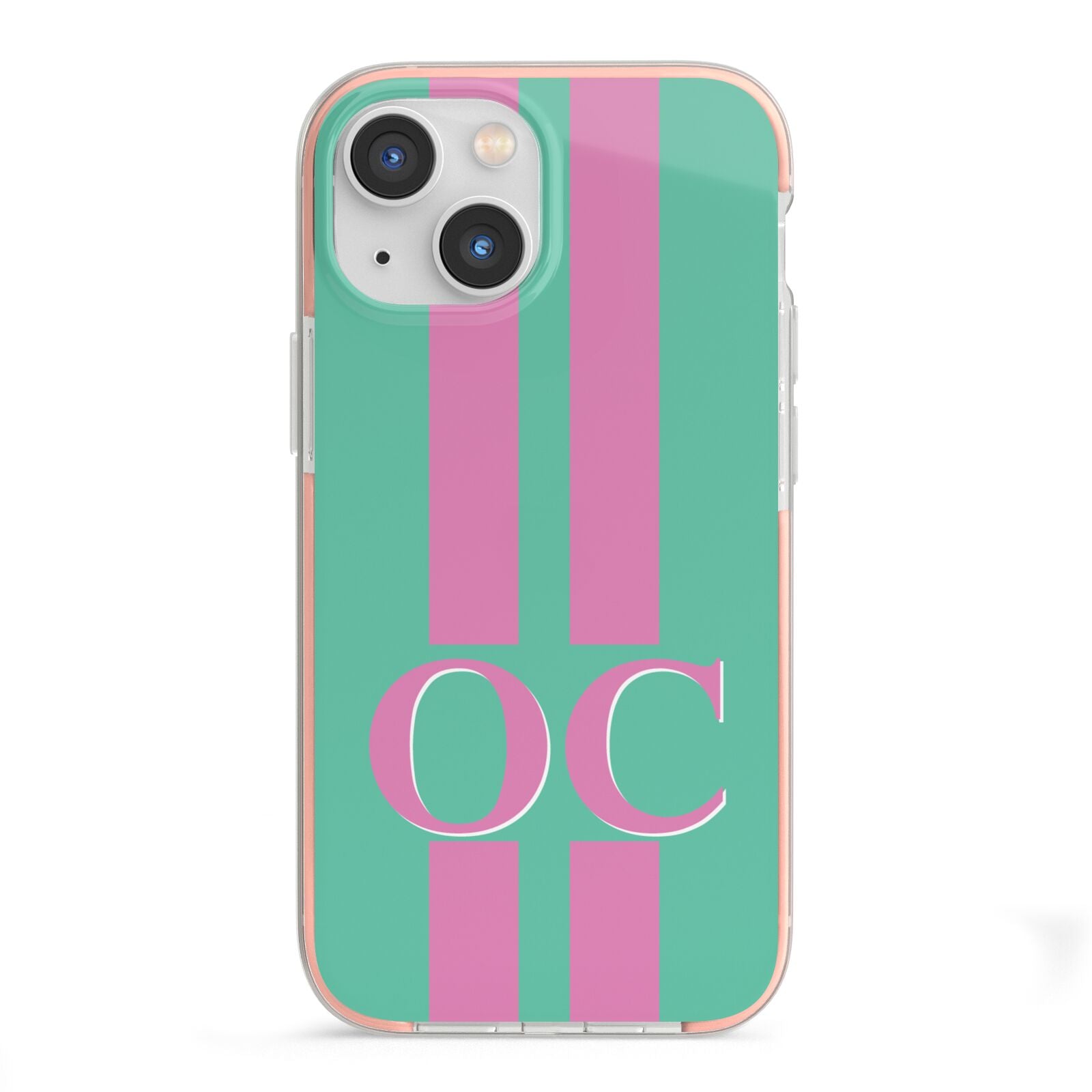 Green Personalised Initials iPhone 13 Mini TPU Impact Case with Pink Edges