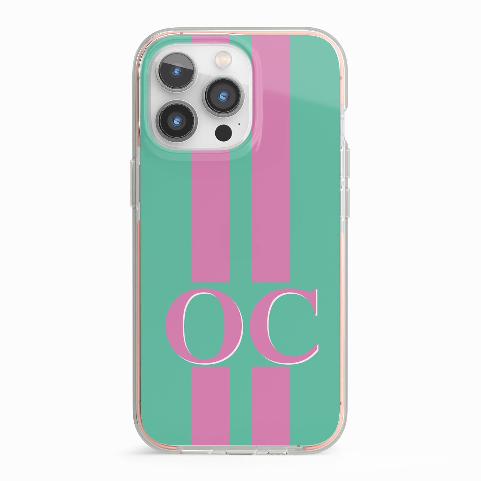 Green Personalised Initials iPhone 13 Pro TPU Impact Case with Pink Edges