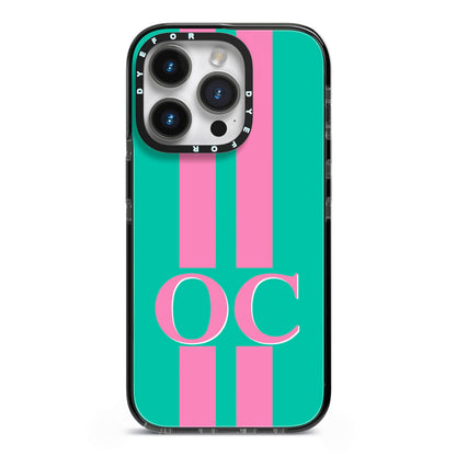 Green Personalised Initials iPhone 14 Pro Black Impact Case on Silver phone