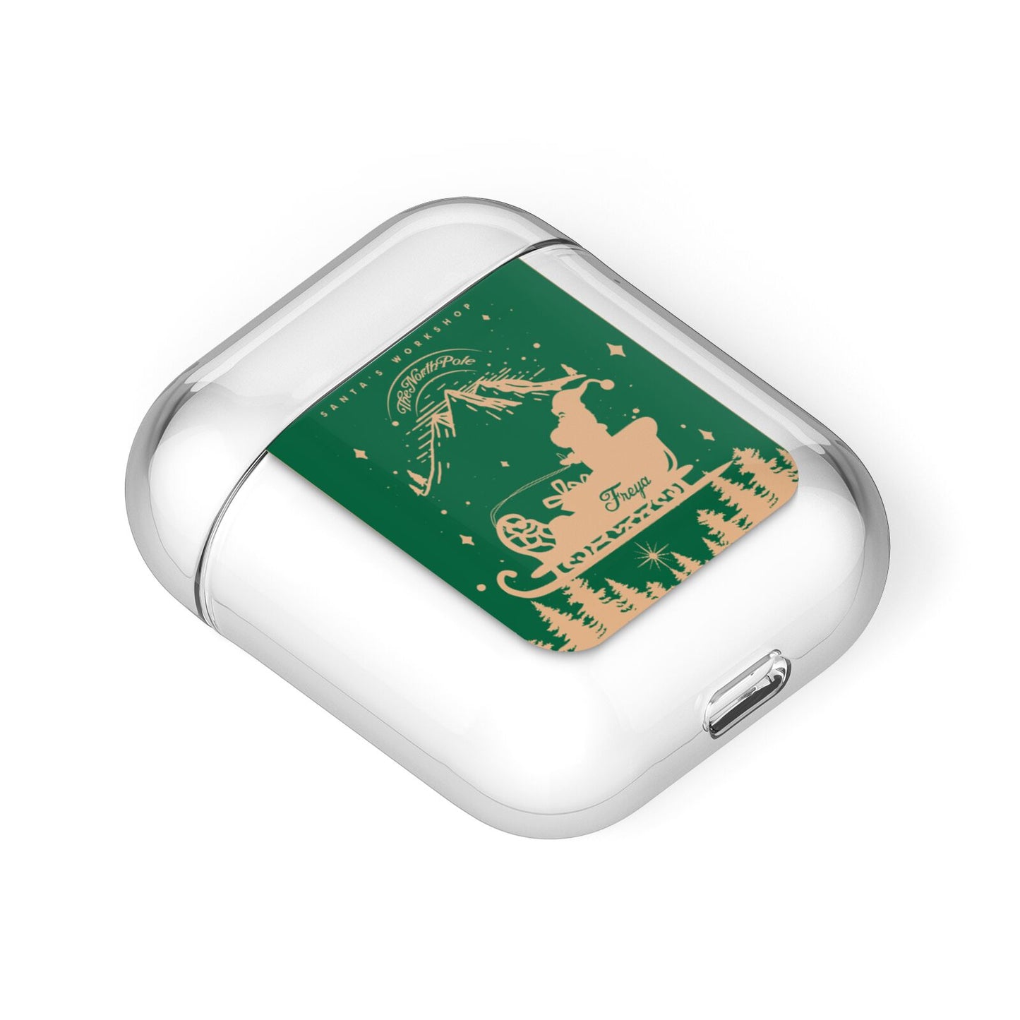 Green Personalised Santas Sleigh AirPods Case Laid Flat