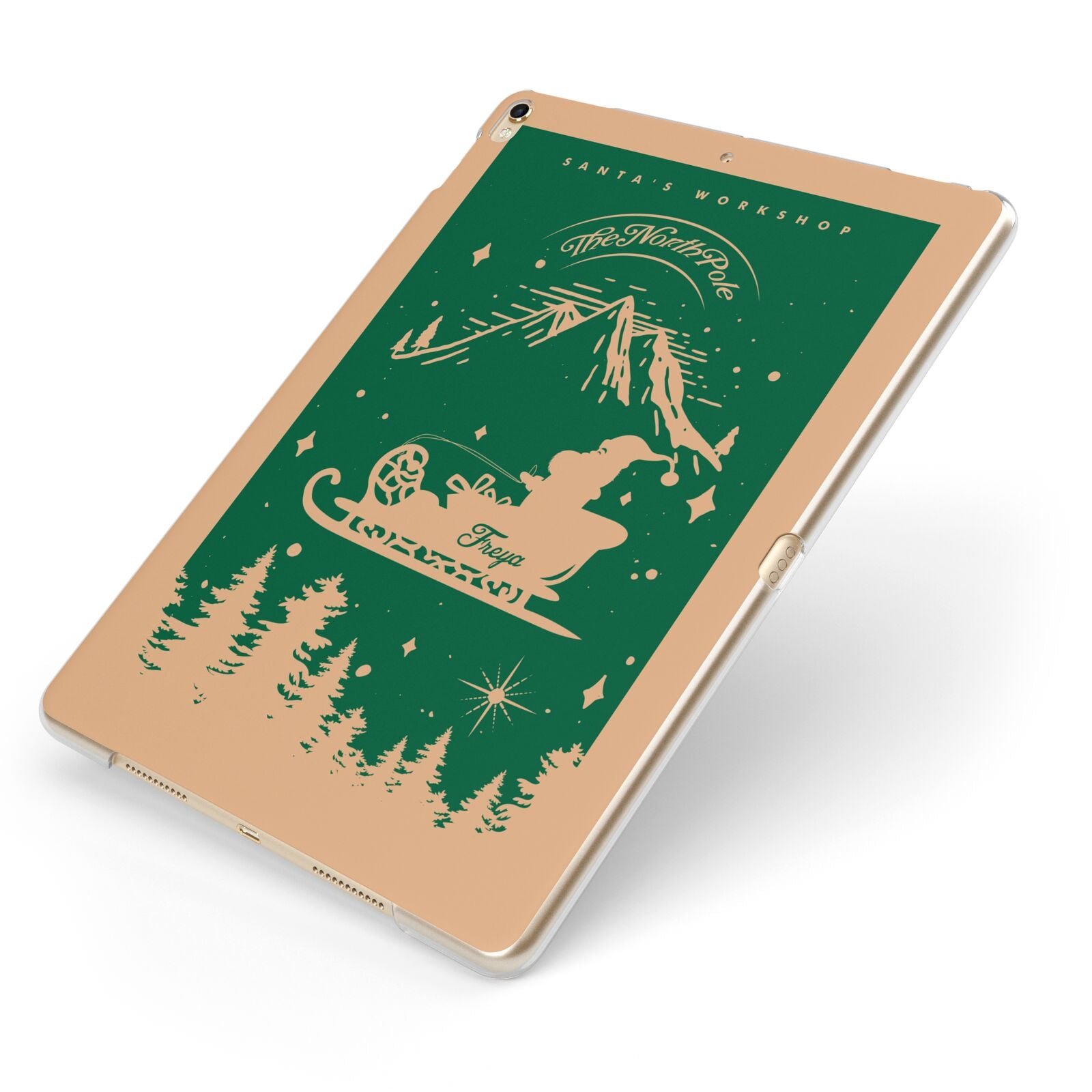 Green Personalised Santas Sleigh Apple iPad Case on Gold iPad Side View