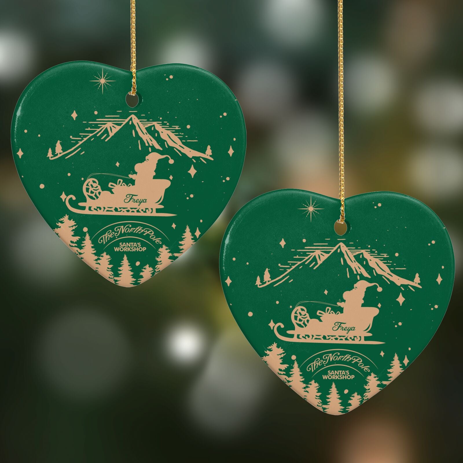 Green Personalised Santas Sleigh Heart Decoration on Christmas Background