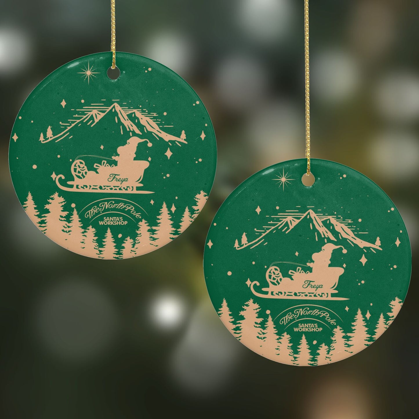 Green Personalised Santas Sleigh Round Decoration on Christmas Background