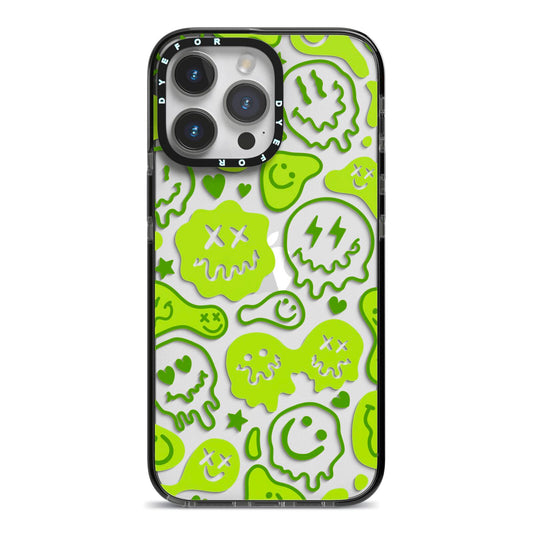 Green Smiley Face iPhone 14 Pro Max Black Impact Case on Silver phone