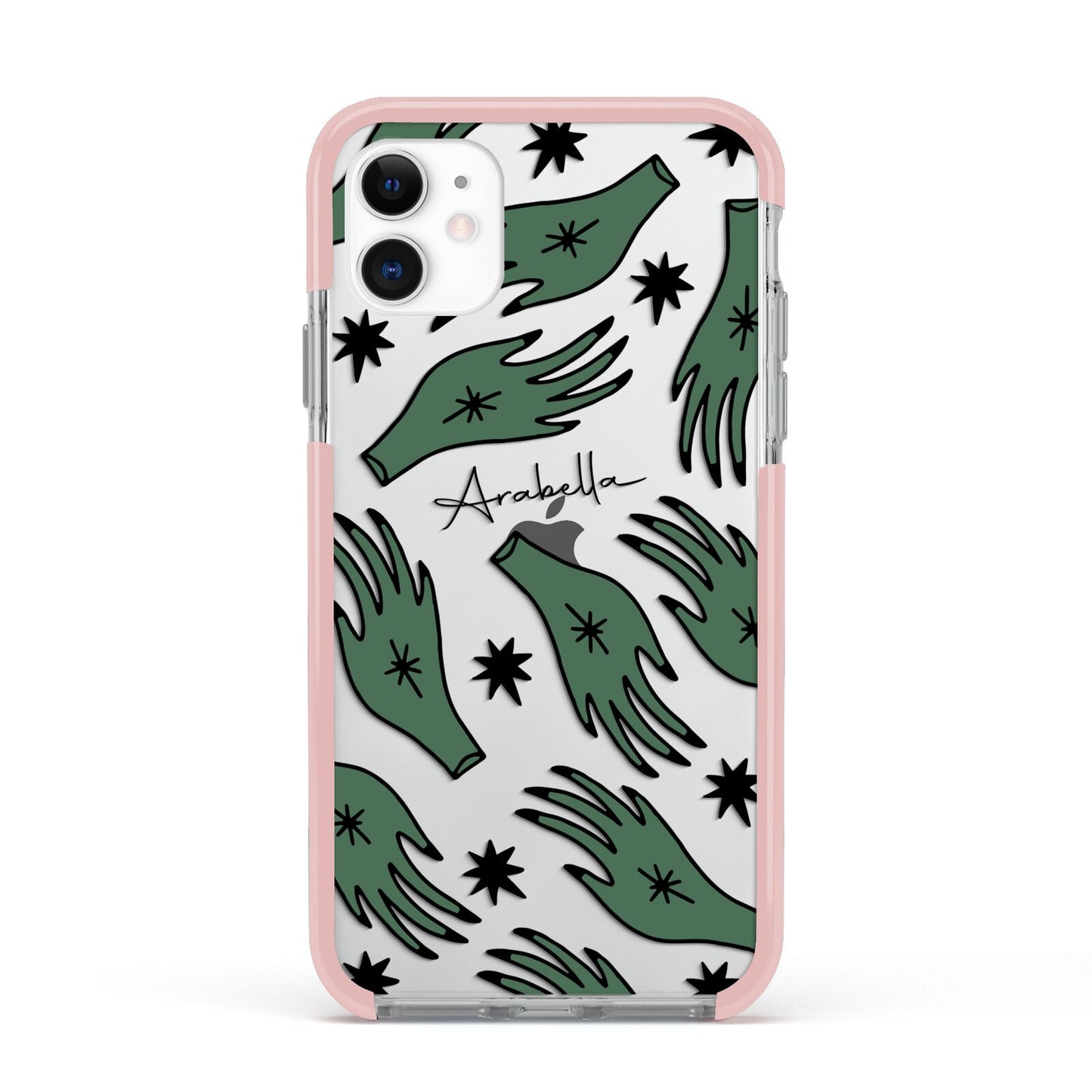 Green Star Hands Personalised Apple iPhone 11 in White with Pink Impact Case