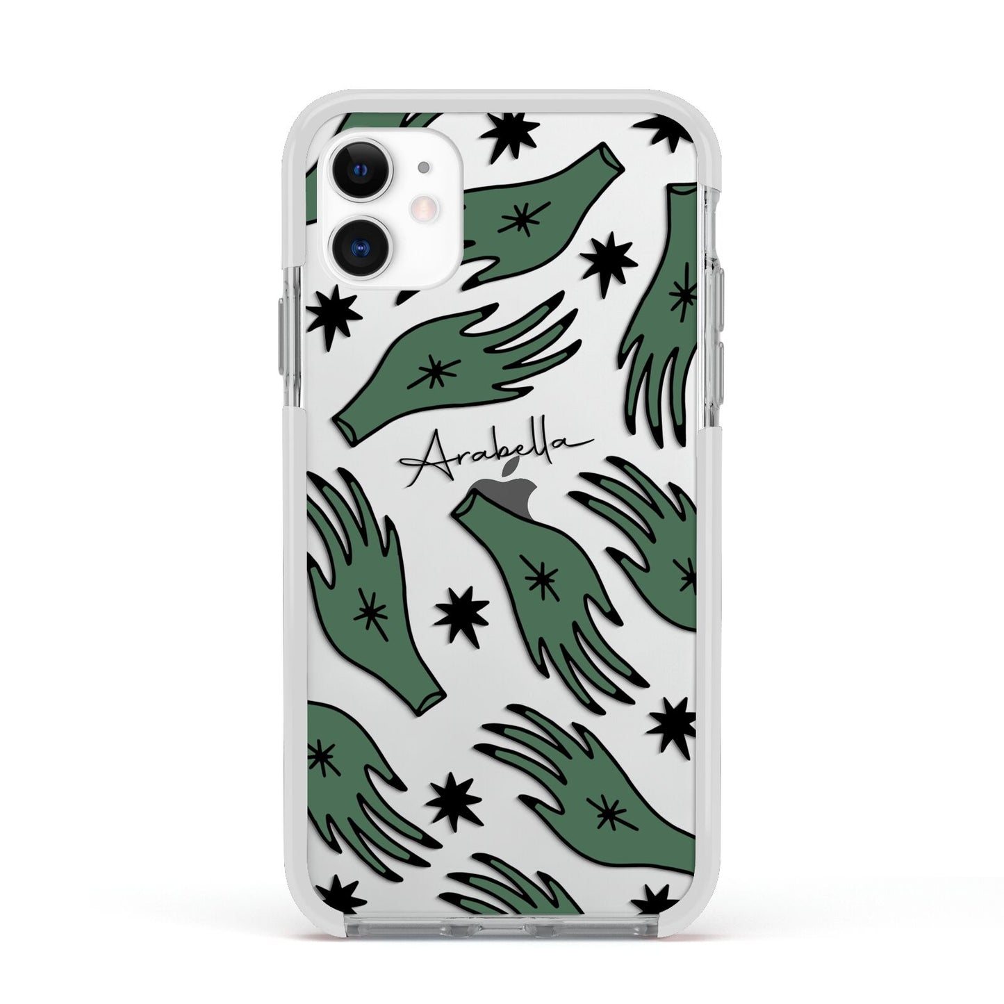 Green Star Hands Personalised Apple iPhone 11 in White with White Impact Case