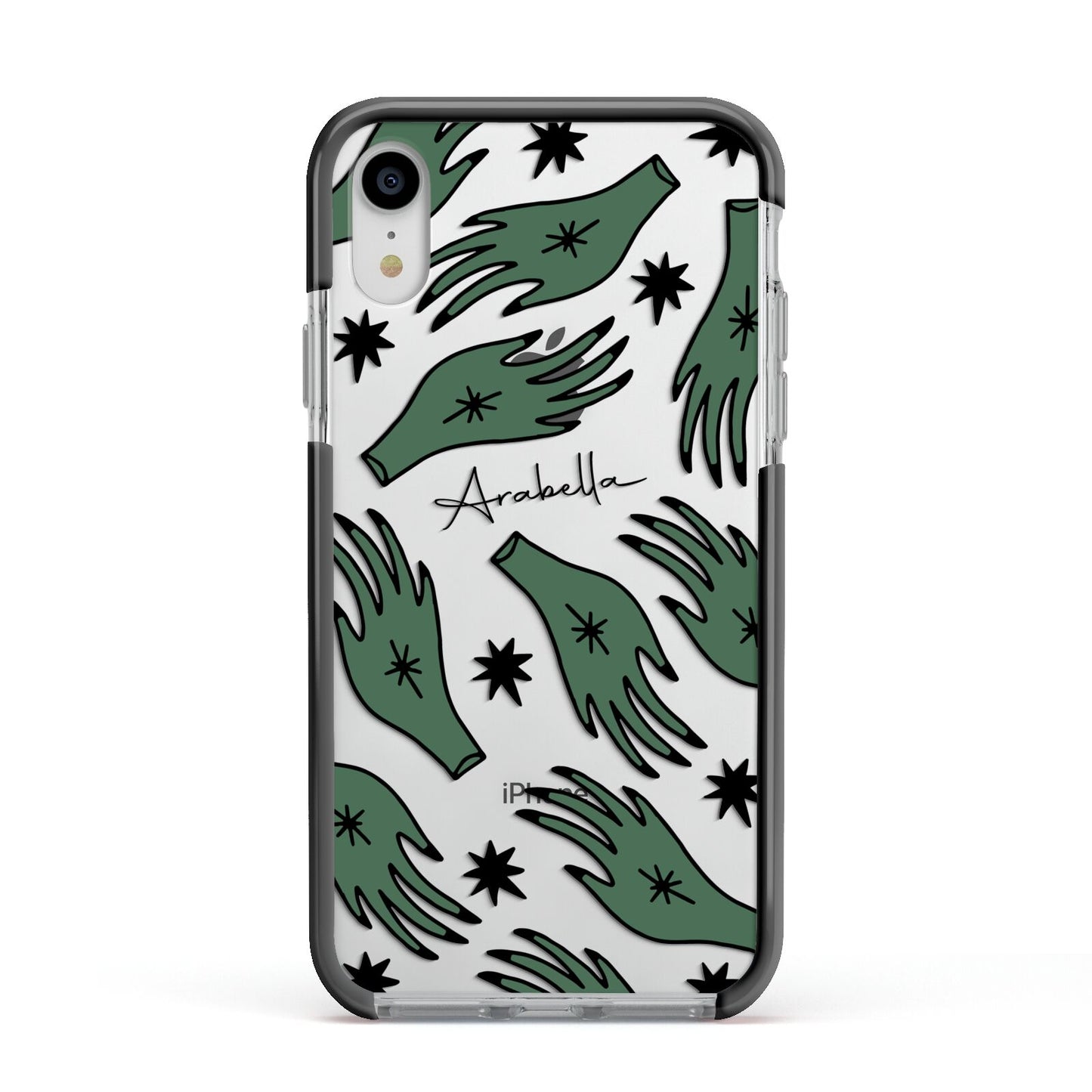 Green Star Hands Personalised Apple iPhone XR Impact Case Black Edge on Silver Phone