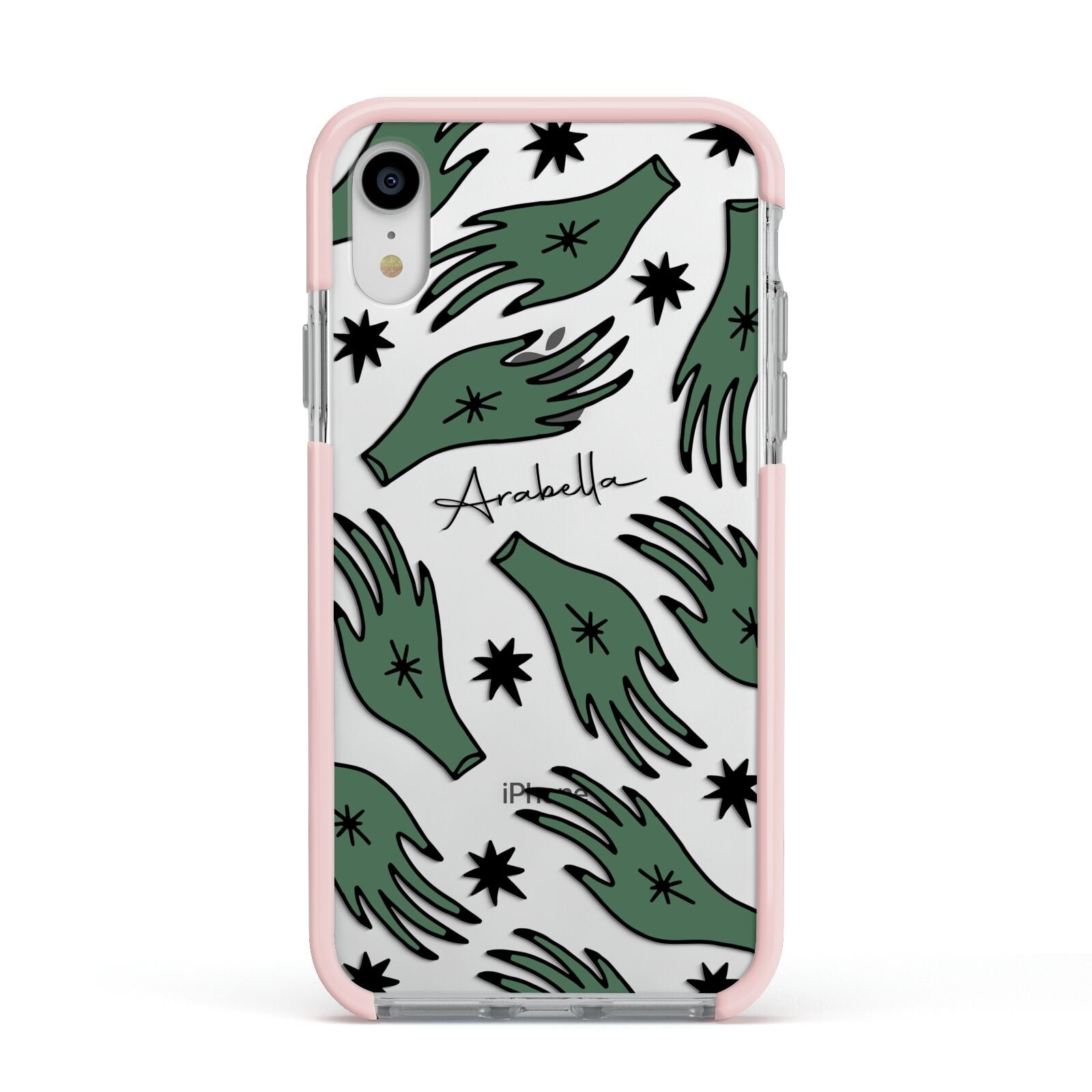 Green Star Hands Personalised Apple iPhone XR Impact Case Pink Edge on Silver Phone