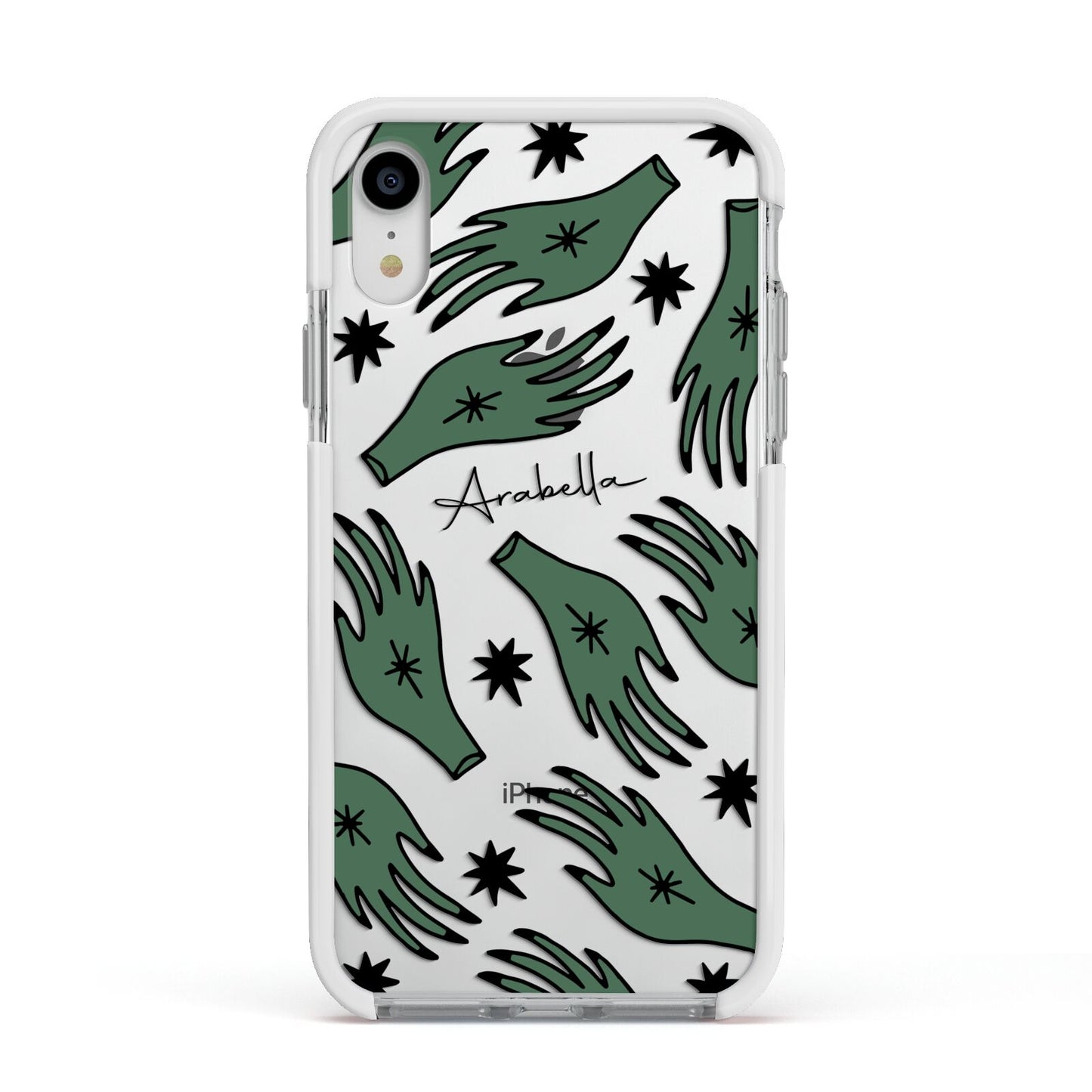 Green Star Hands Personalised Apple iPhone XR Impact Case White Edge on Silver Phone