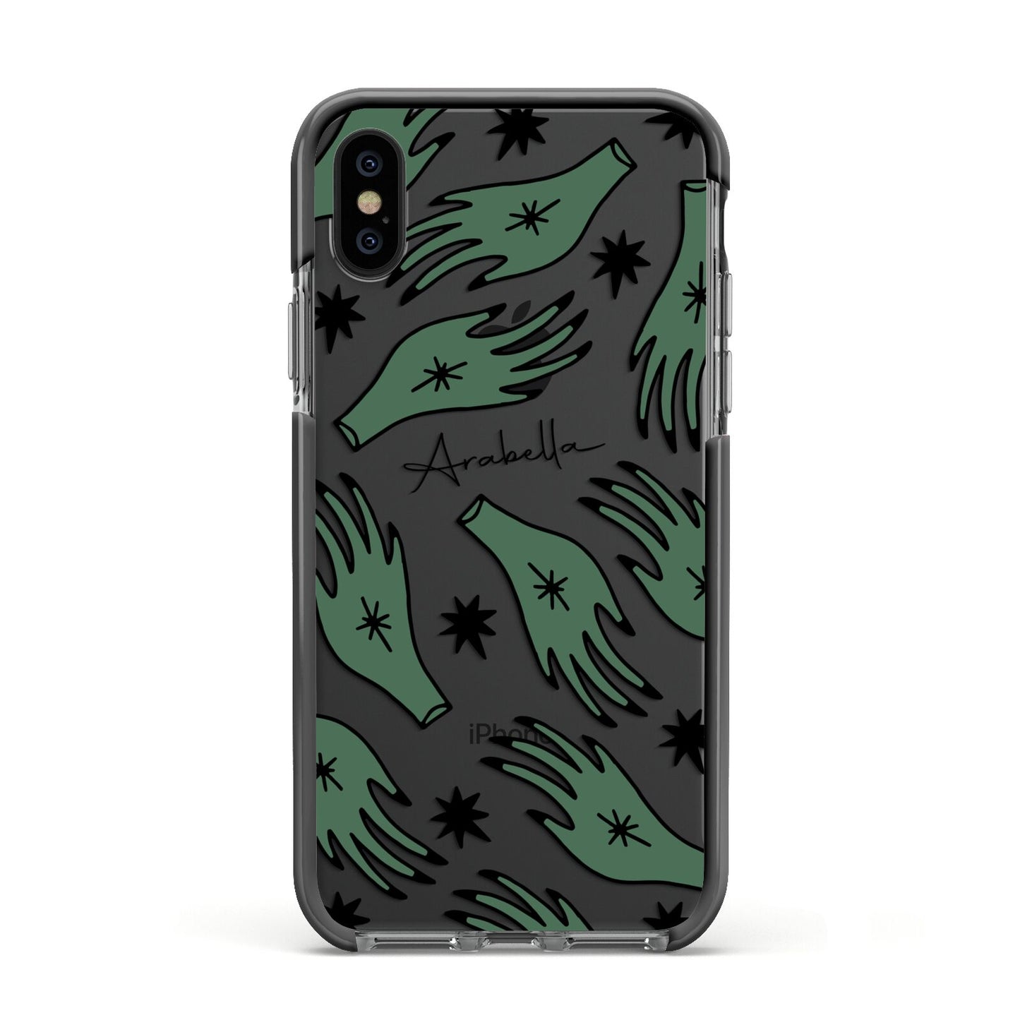 Green Star Hands Personalised Apple iPhone Xs Impact Case Black Edge on Black Phone