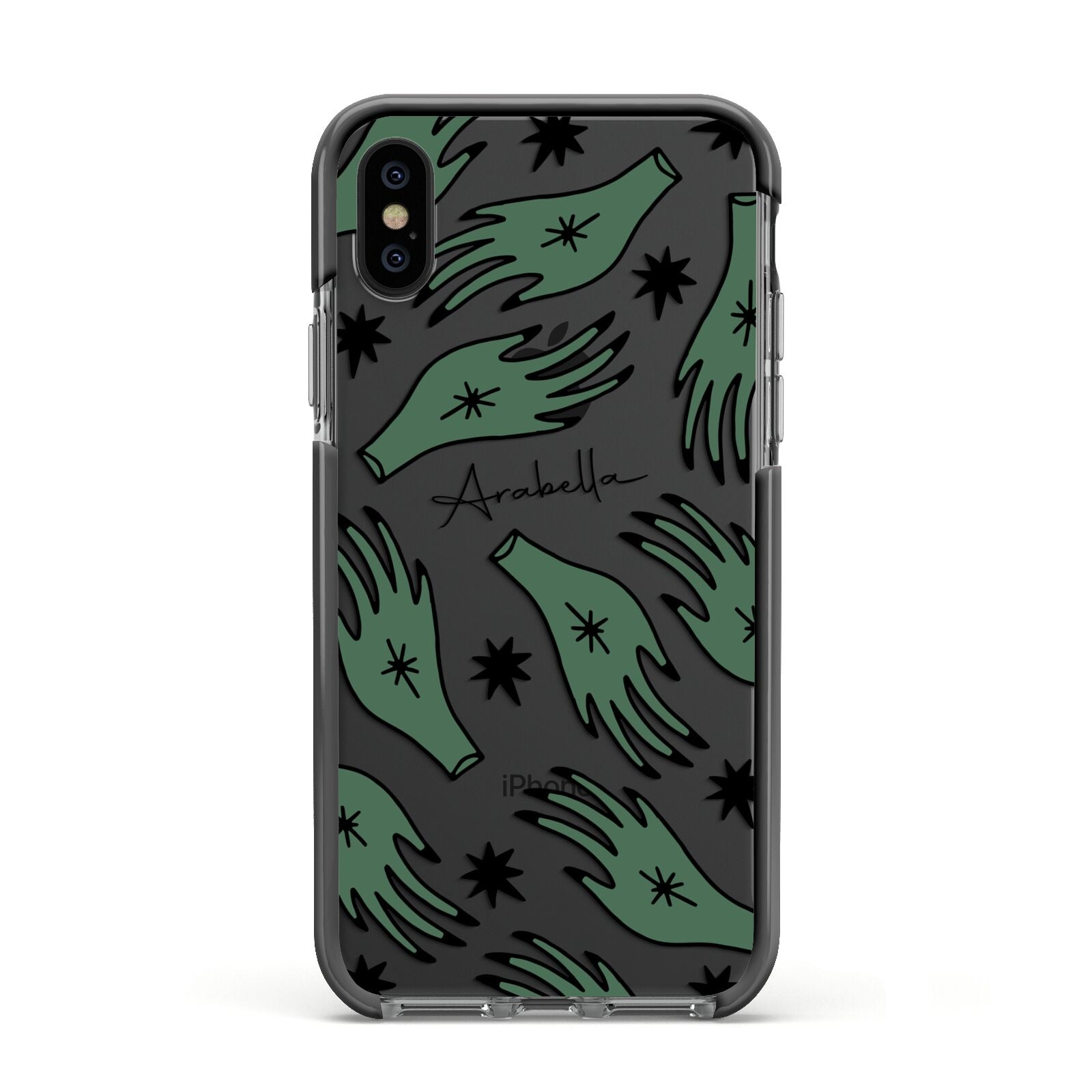 Green Star Hands Personalised Apple iPhone Xs Impact Case Black Edge on Black Phone