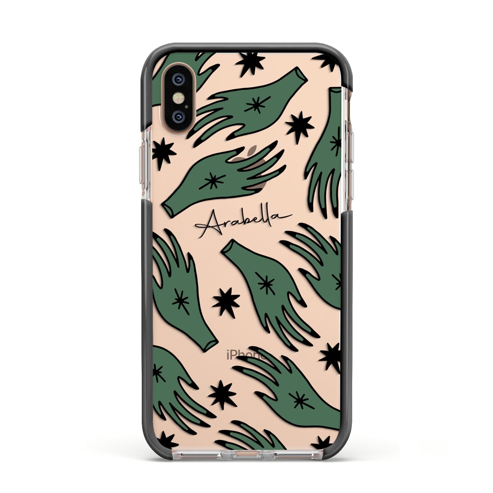 Green Star Hands Personalised Apple iPhone Xs Impact Case Black Edge on Gold Phone