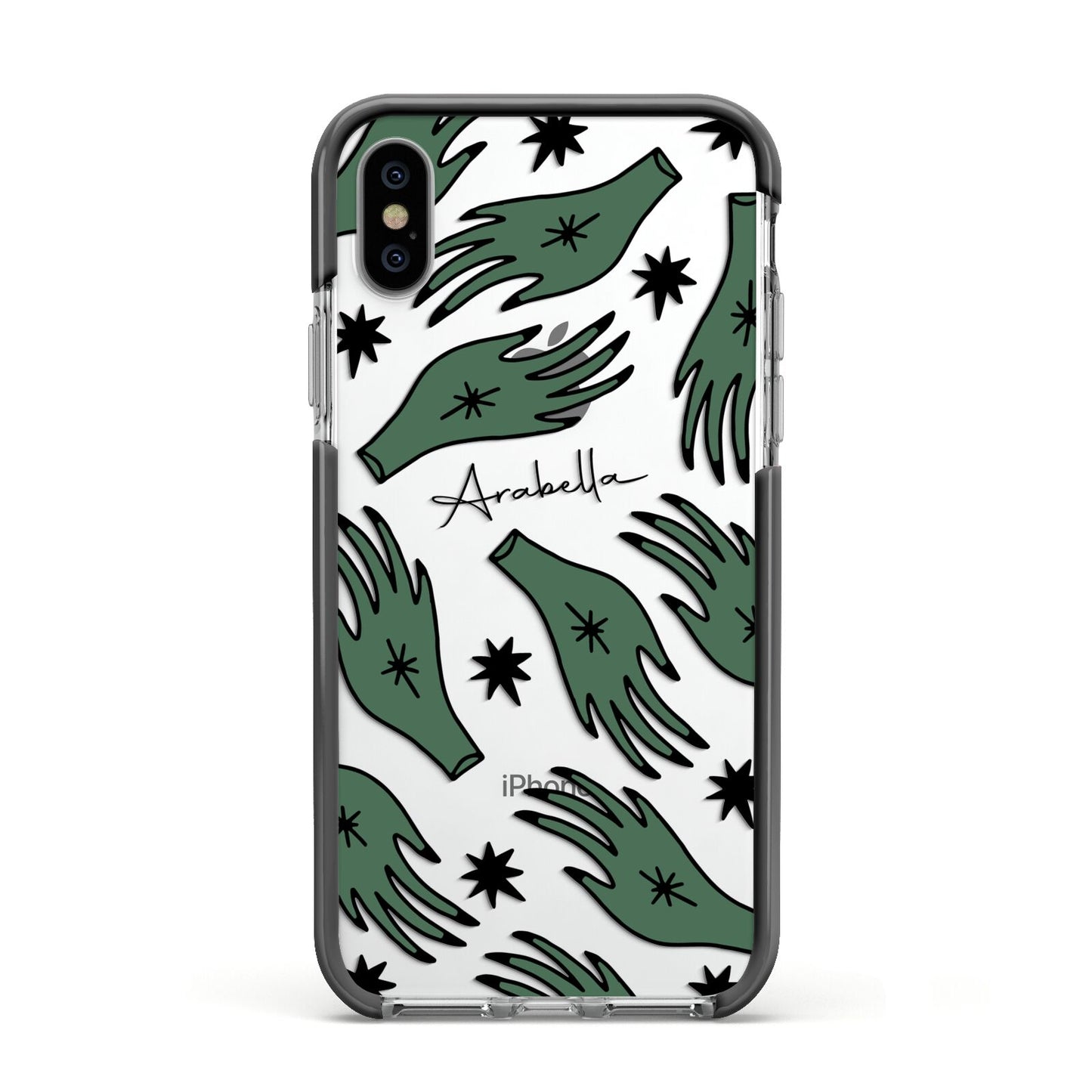 Green Star Hands Personalised Apple iPhone Xs Impact Case Black Edge on Silver Phone
