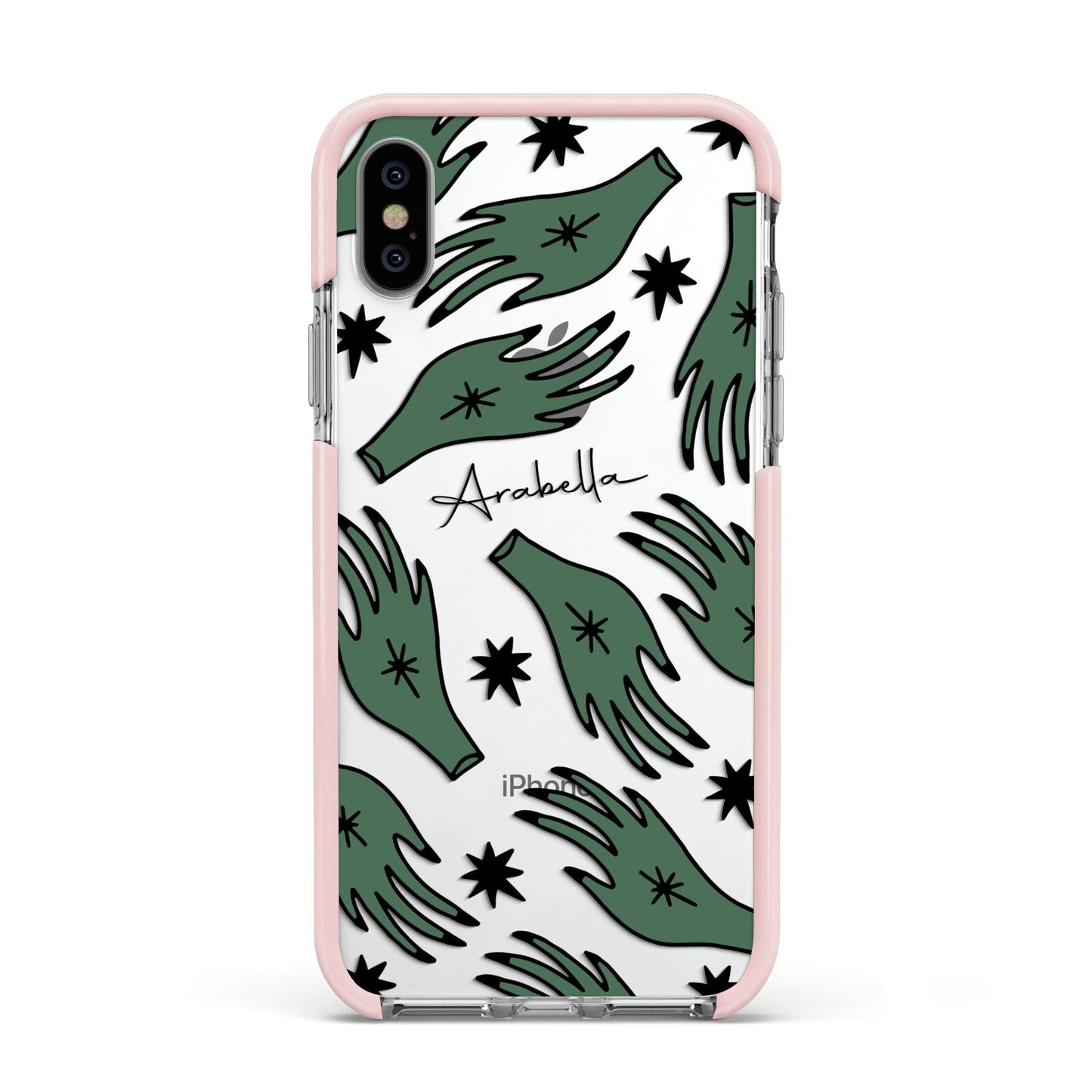 Green Star Hands Personalised Apple iPhone Xs Impact Case Pink Edge on Silver Phone