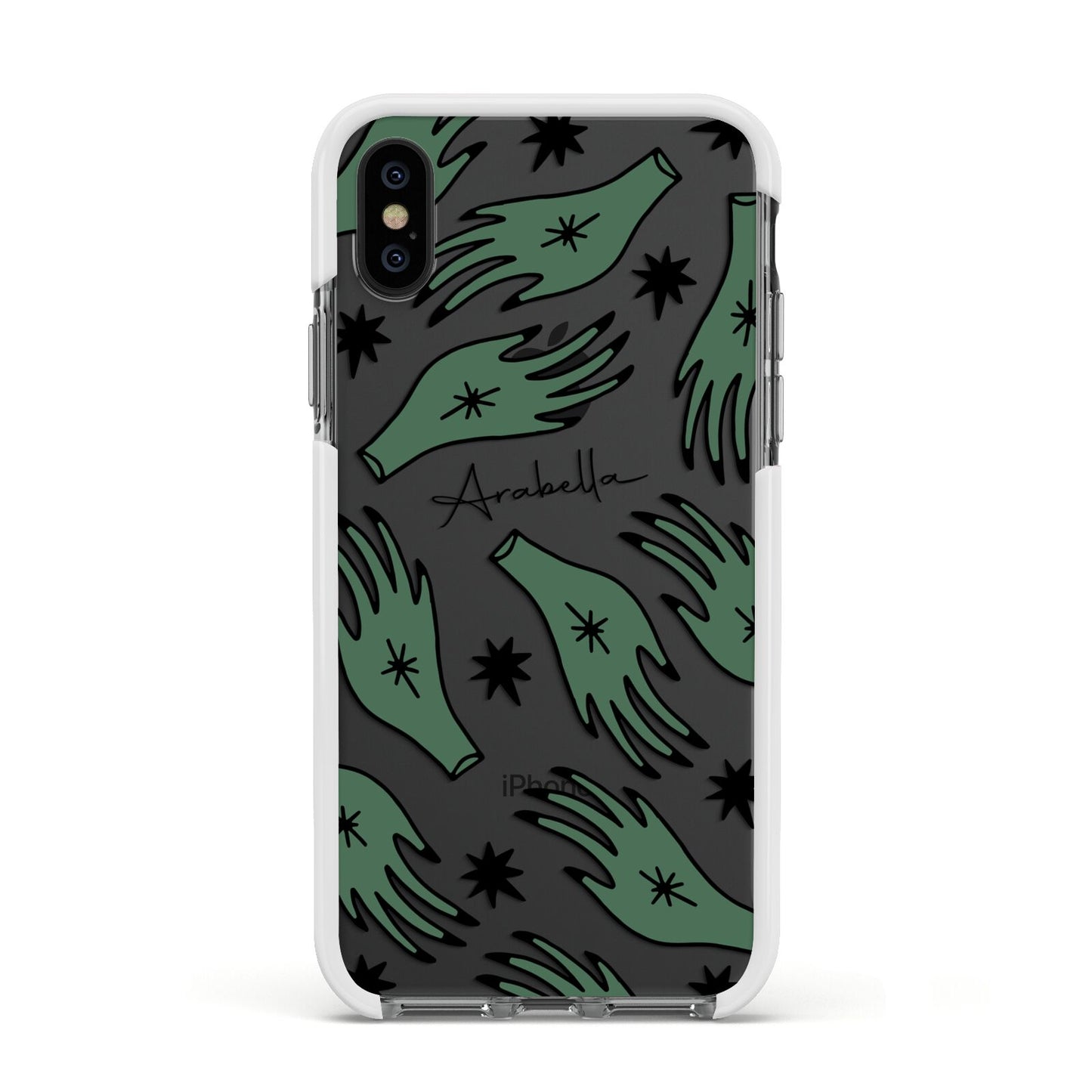 Green Star Hands Personalised Apple iPhone Xs Impact Case White Edge on Black Phone
