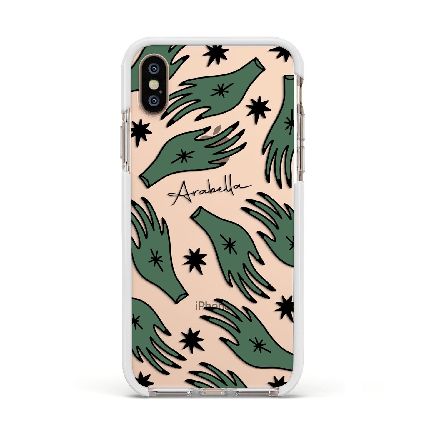 Green Star Hands Personalised Apple iPhone Xs Impact Case White Edge on Gold Phone
