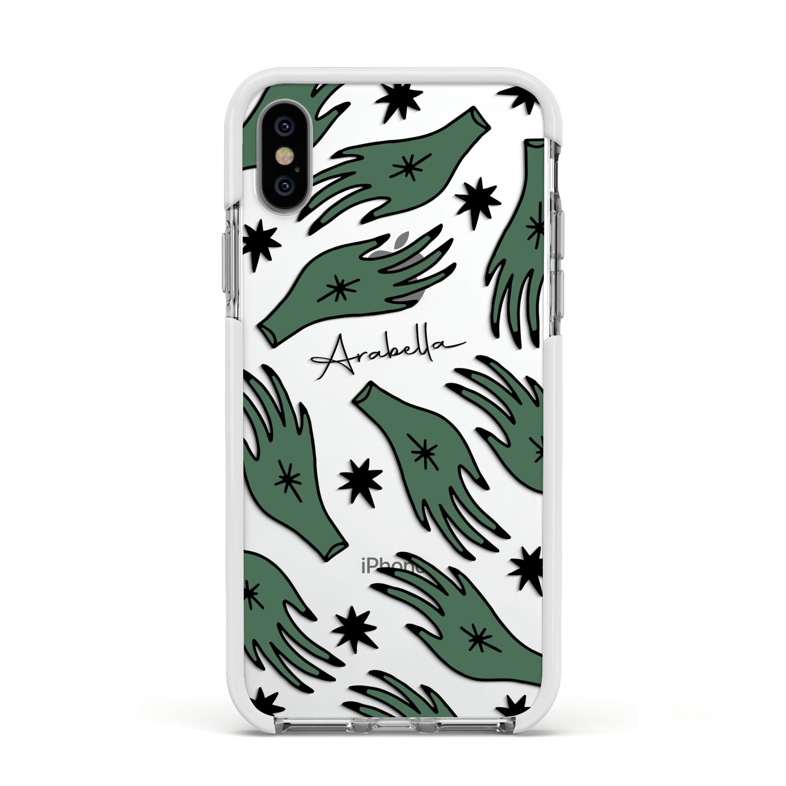 Green Star Hands Personalised Apple iPhone Xs Impact Case White Edge on Silver Phone