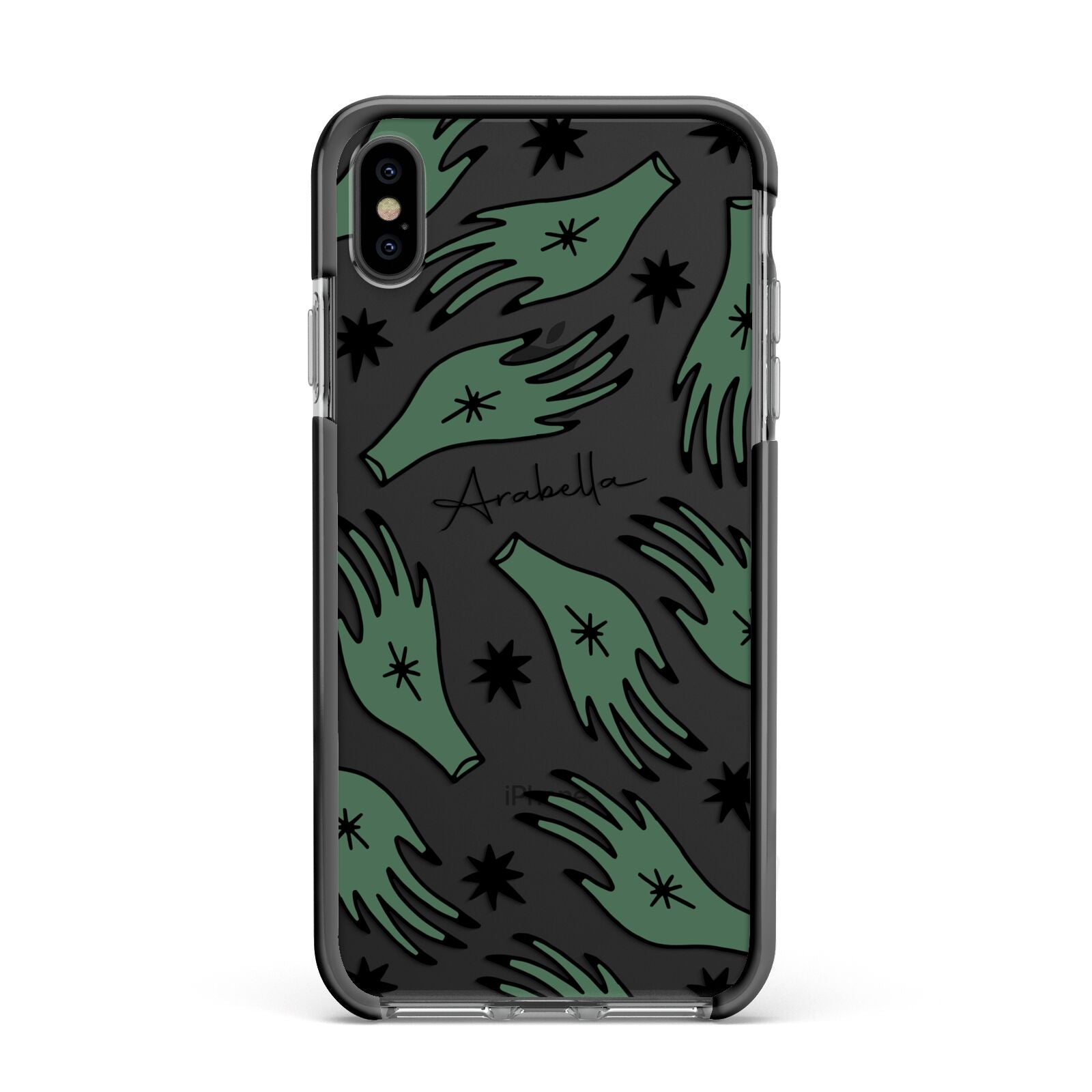 Green Star Hands Personalised Apple iPhone Xs Max Impact Case Black Edge on Black Phone