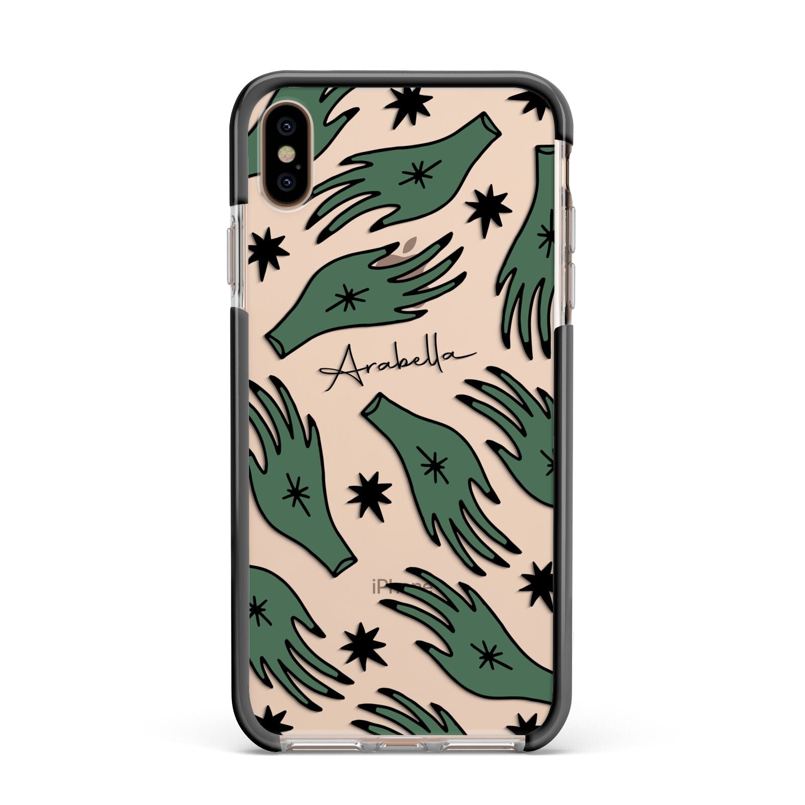 Green Star Hands Personalised Apple iPhone Xs Max Impact Case Black Edge on Gold Phone