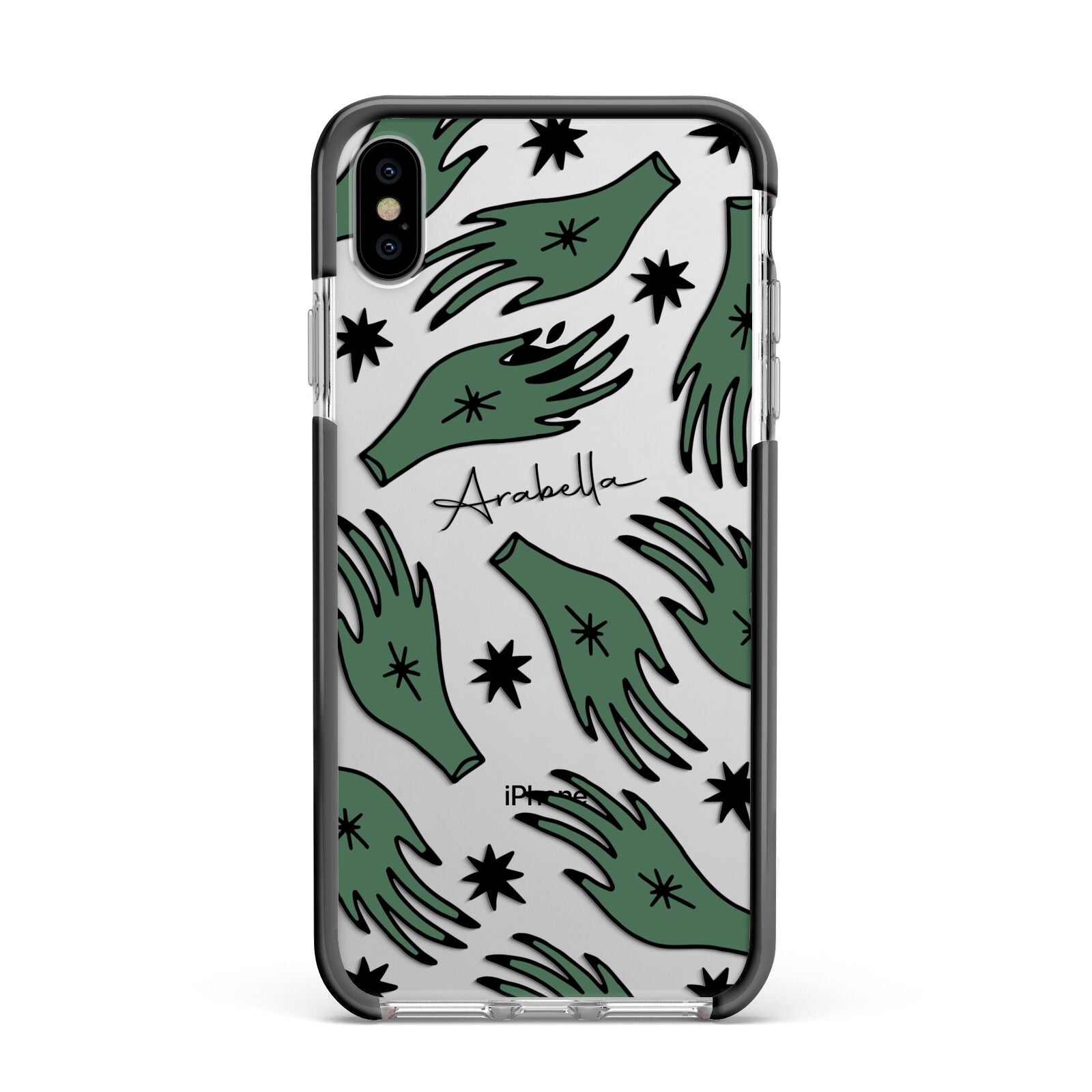 Green Star Hands Personalised Apple iPhone Xs Max Impact Case Black Edge on Silver Phone