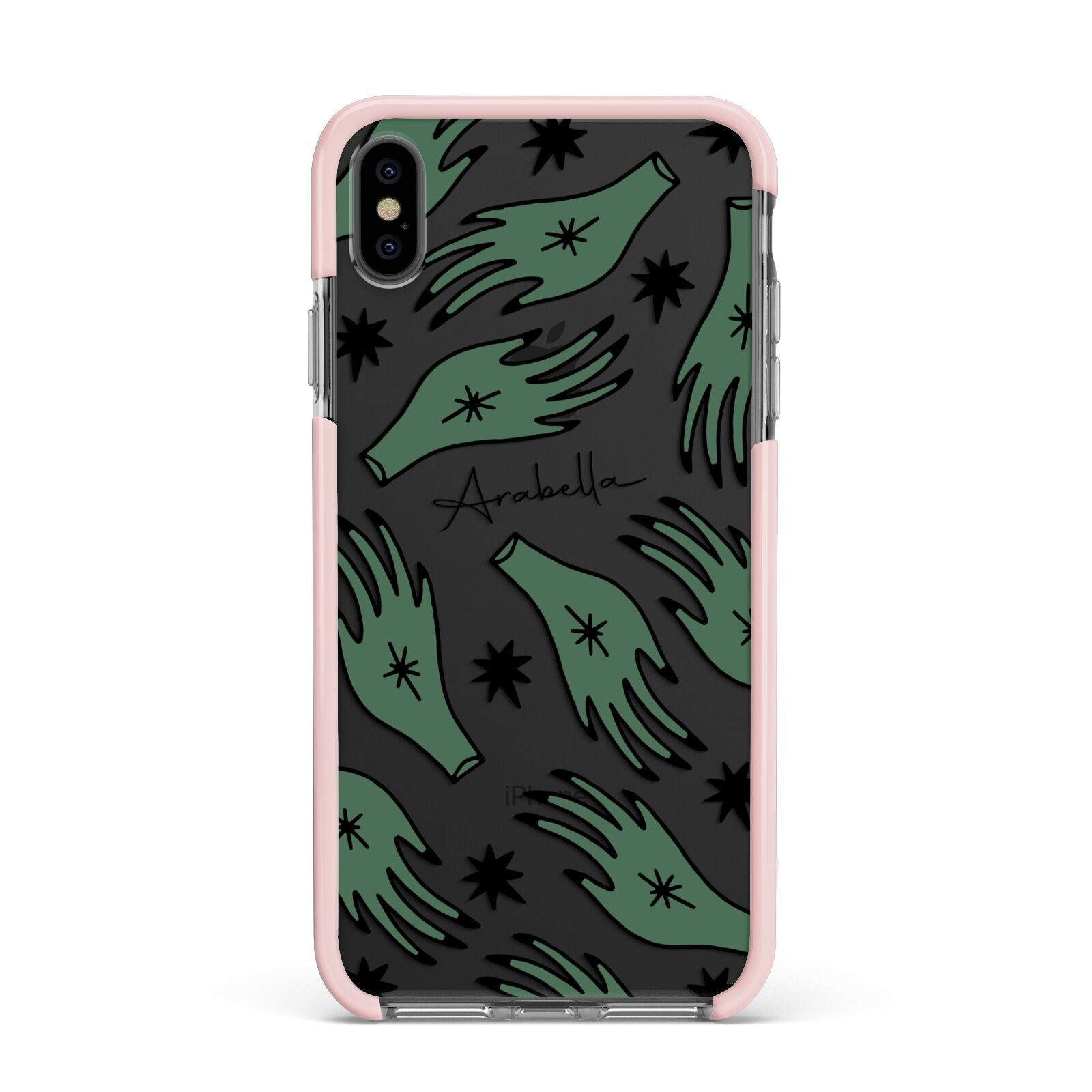 Green Star Hands Personalised Apple iPhone Xs Max Impact Case Pink Edge on Black Phone
