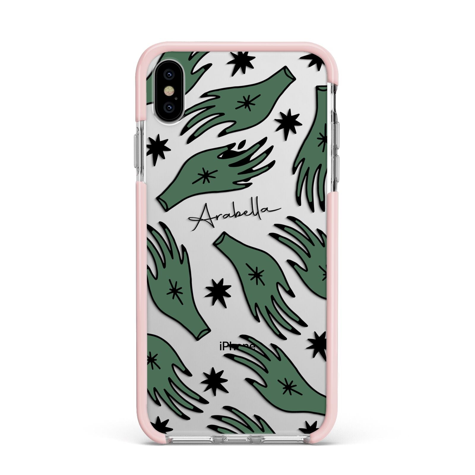 Green Star Hands Personalised Apple iPhone Xs Max Impact Case Pink Edge on Silver Phone