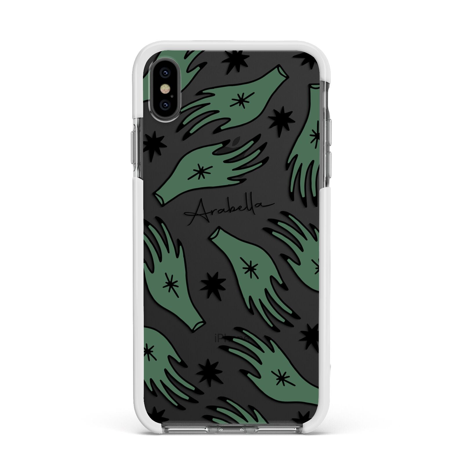 Green Star Hands Personalised Apple iPhone Xs Max Impact Case White Edge on Black Phone
