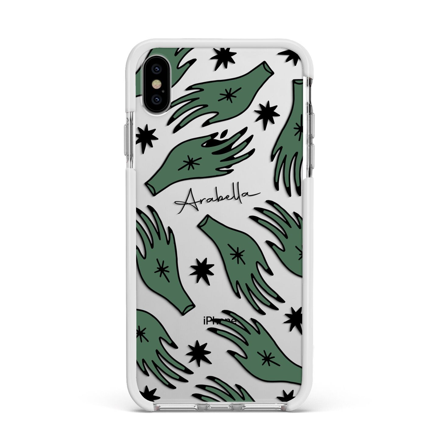 Green Star Hands Personalised Apple iPhone Xs Max Impact Case White Edge on Silver Phone