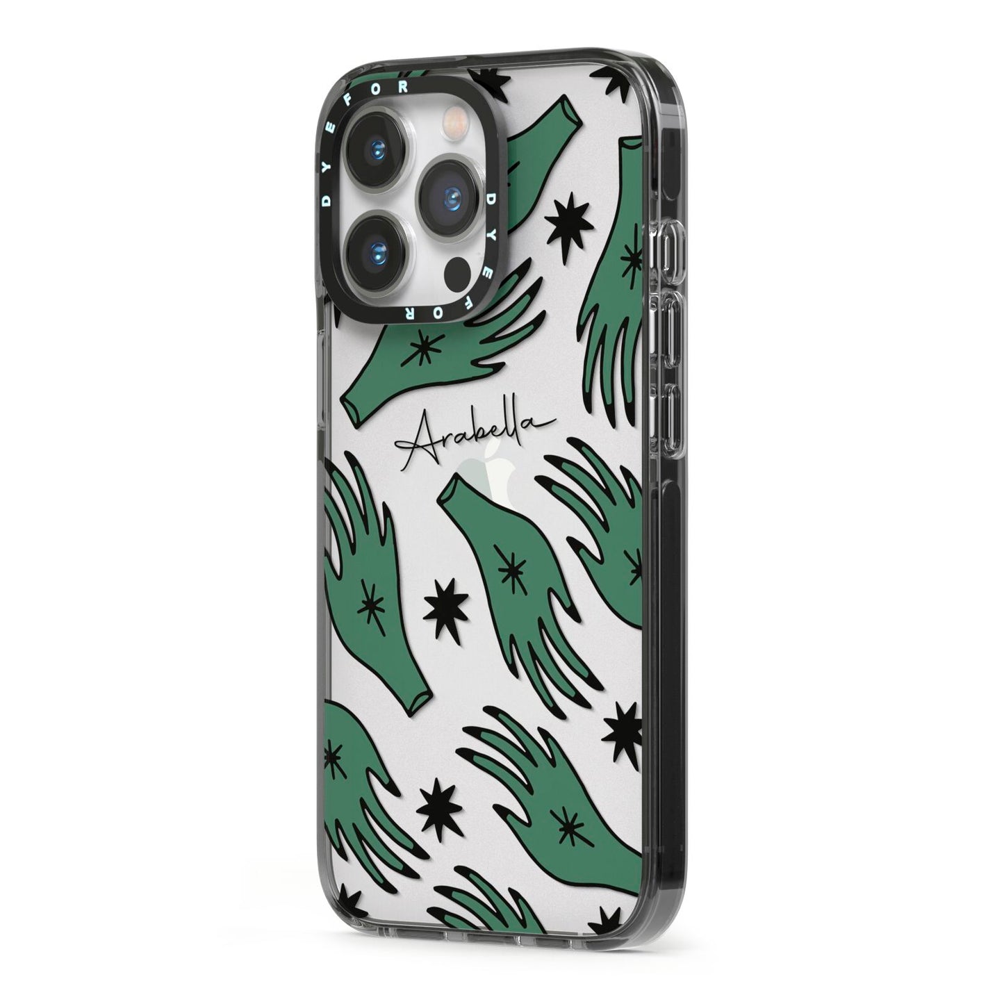 Green Star Hands Personalised iPhone 13 Pro Black Impact Case Side Angle on Silver phone